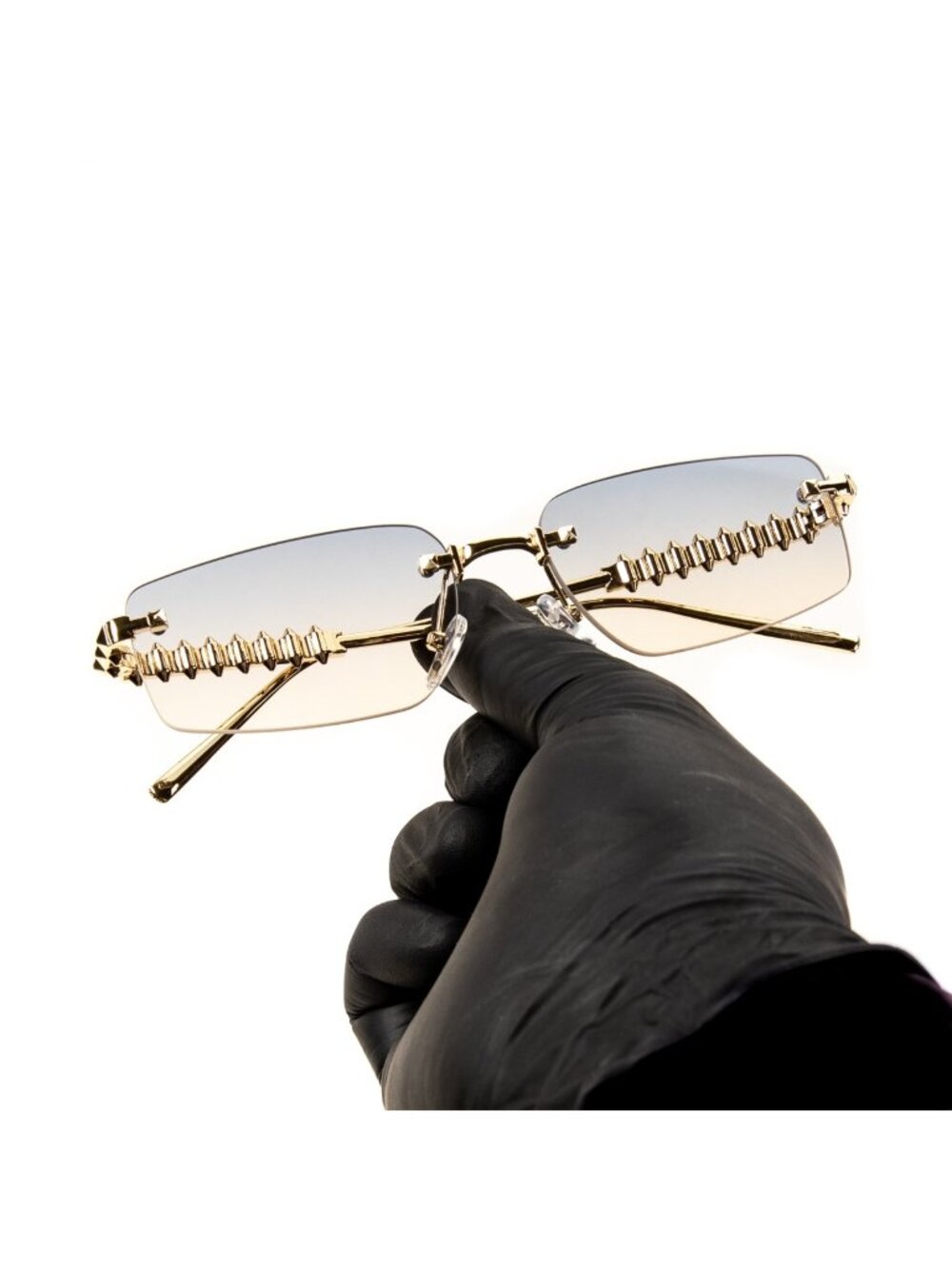 Men's Rimless Spiked Wire Gold Frame Grey & Tan Gradient Tint Hip Hop Sunglasses